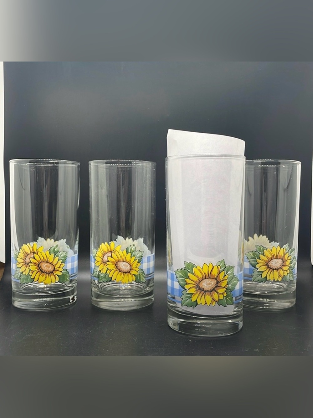 Vintage 90s Libby Sunflower Gingham 16 oz Drinking Glasses Libbey Set of 4